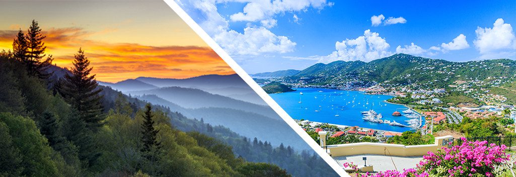 A mountain range in North Carolina and a panoramic picture of St. Thomas, Virgin Islands.