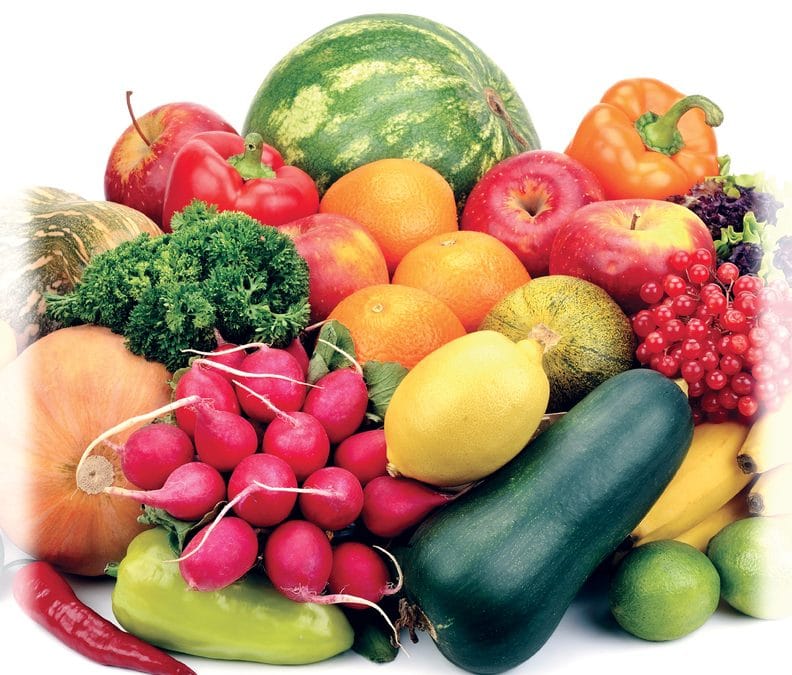 A group of fruits and vegetables.
